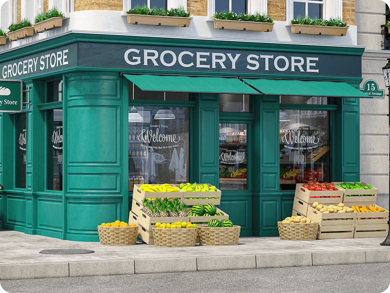Green grocery store with produce outside display.