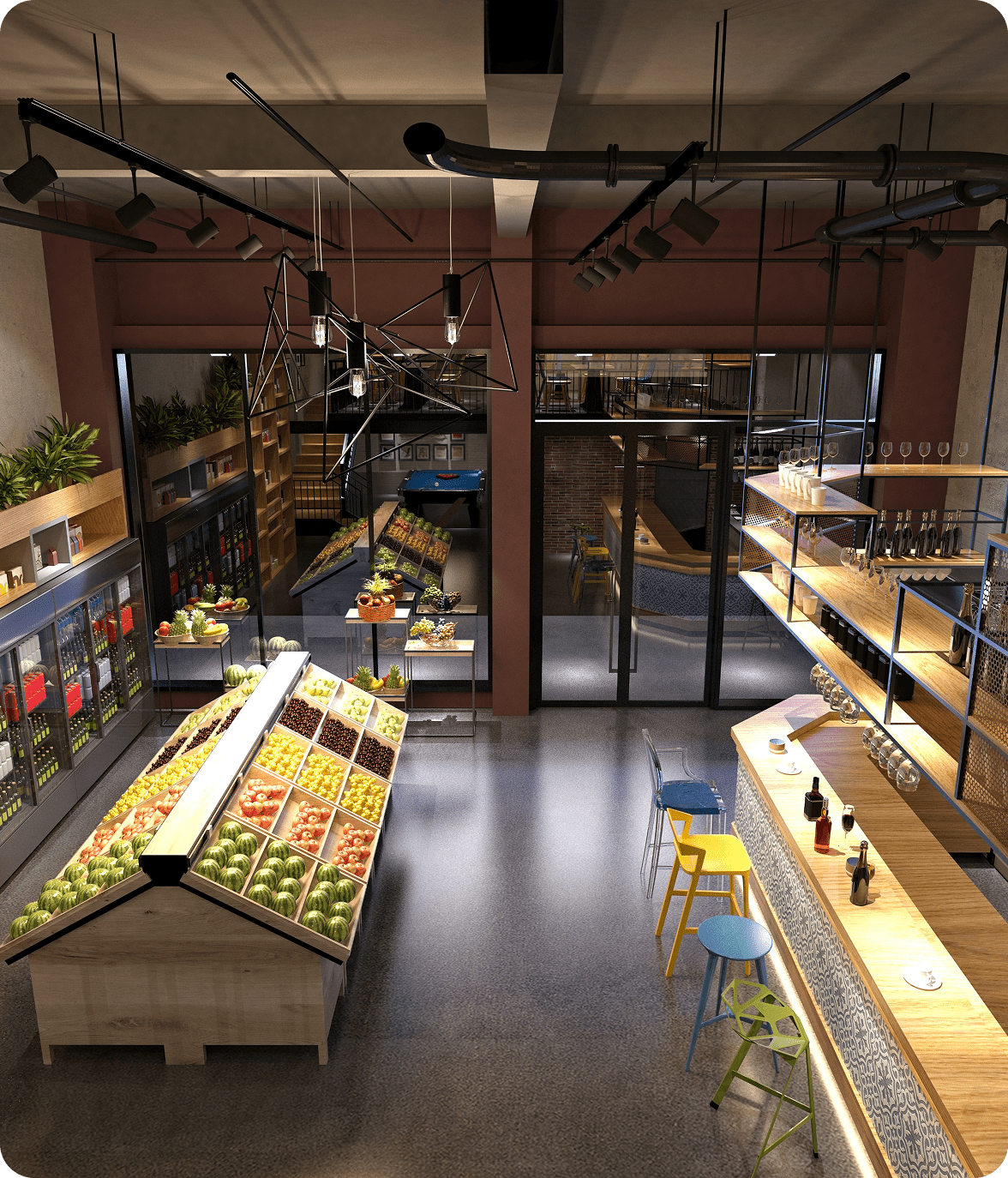 Modern grocery store interior with produce displays.