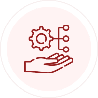 Hand holding gear with network nodes.