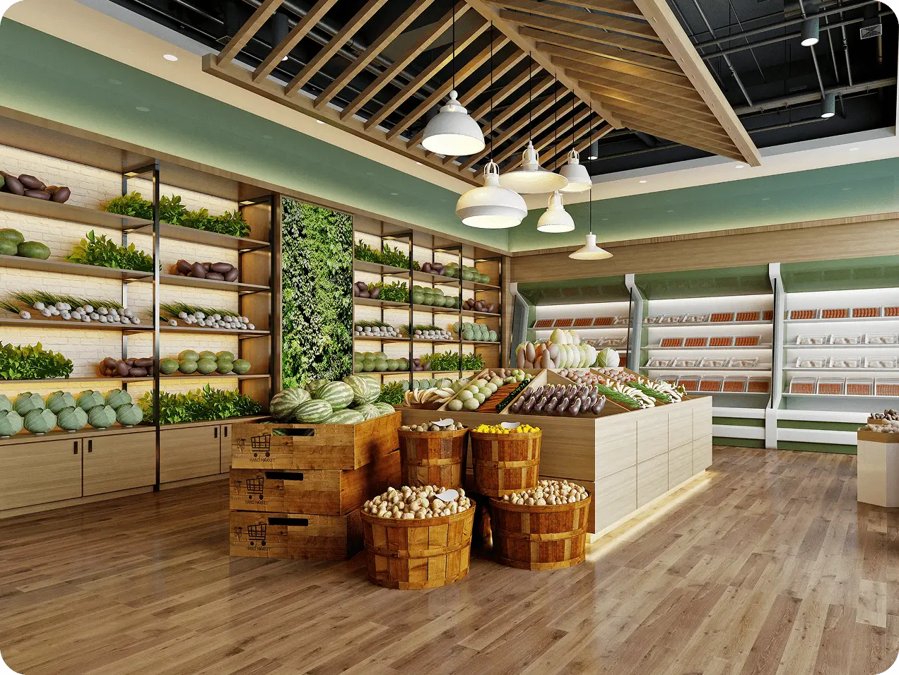 Modern grocery aisle with hanging lamps