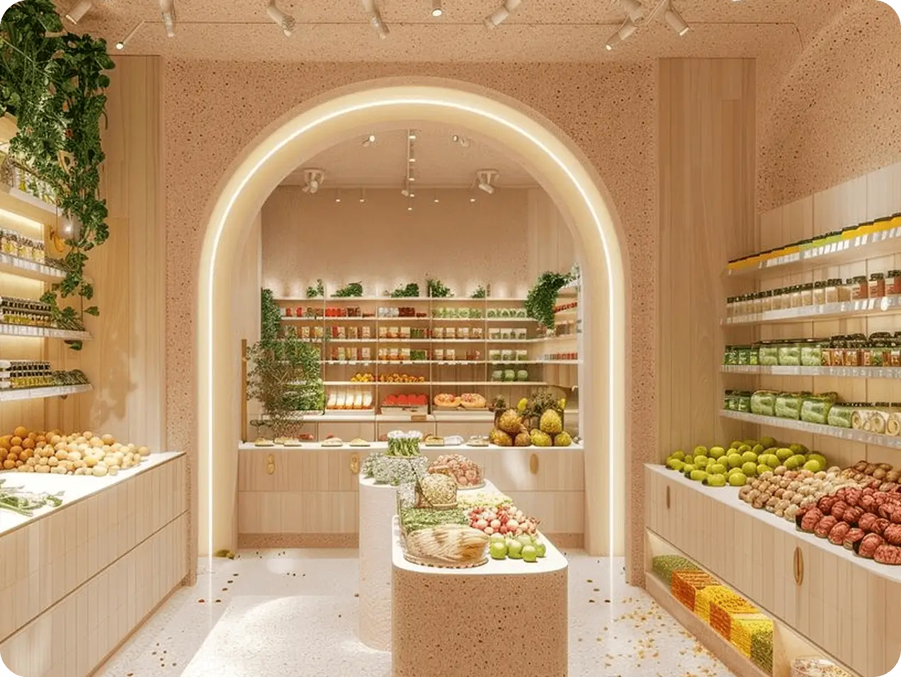 Soft-lit fruit counter framed by archway